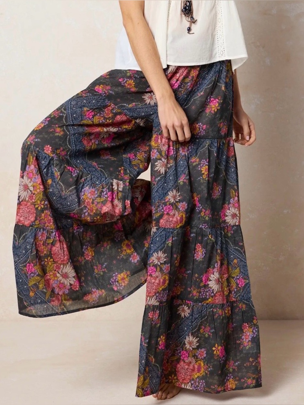 New Natural Life Patti cotton palazzo pants in English garden charcoal
